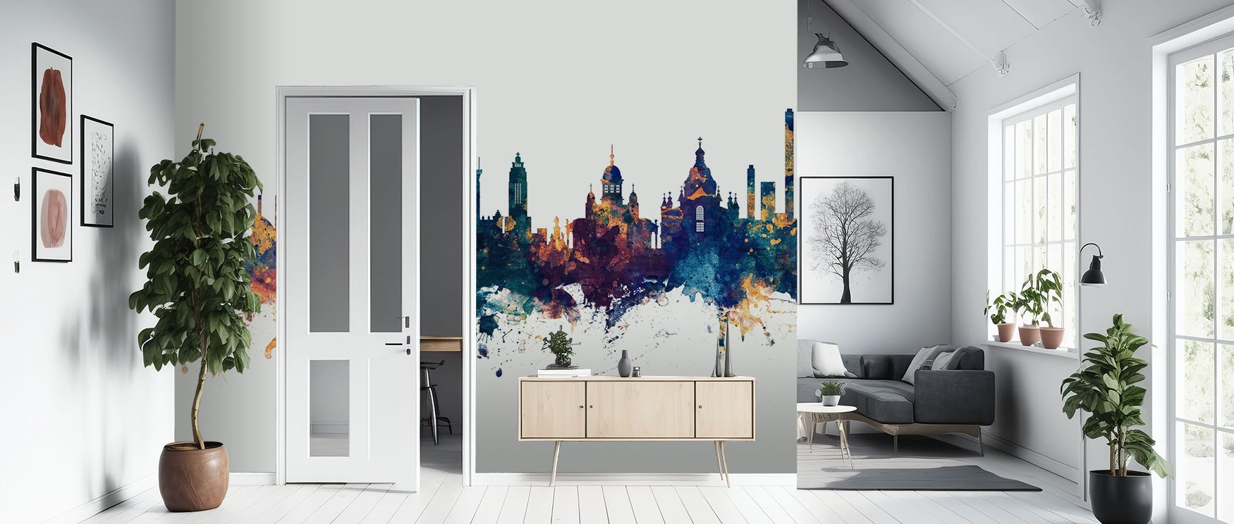 Rooftops align within the Helsinki Skyline Blue & Bronze Wallpaper where tonal depth glows in harmony, surrounding living rooms or bedrooms with atmosphere shaped by cultural pride, enriching interiors with calm decorative rhythm expressed through luminou