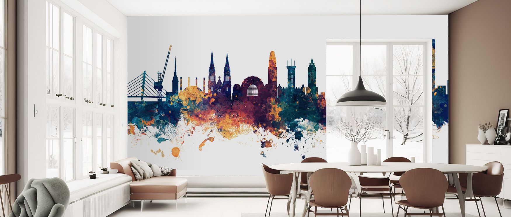 Heritage presence defines the Helsinki Skyline Blue & Bronze Wallpaper where glowing rooftops stretch in tonal depth, surrounding bedrooms or living rooms with calm decorative refinement, enriching interiors with artistry shaped by cultural pride expresse