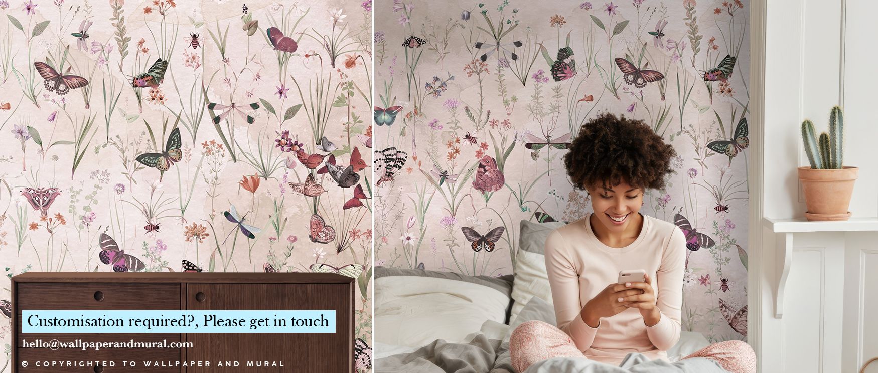 Shaded motifs define the Herbals and Butterflies Beige Wallpaper as herbs intertwine with butterflies, enriching interiors with calm atmosphere, surrounding offices or bedrooms with natural artistry and decorative charm expressed through refined tonal rhy