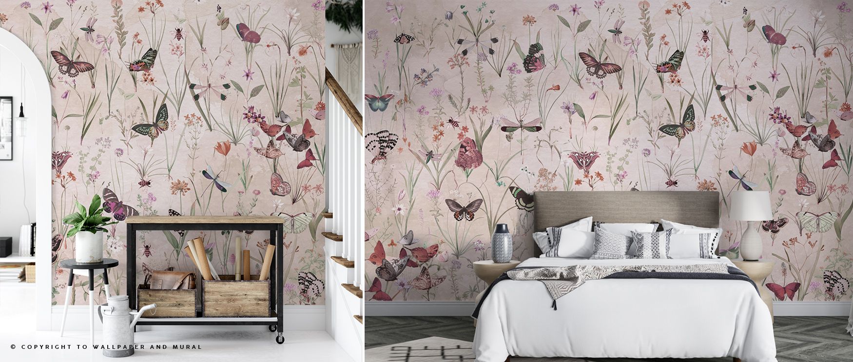Butterflies and herbs move within the Herbals and Butterflies Beige Wallpaper where beige tones highlight refined balance, surrounding bedrooms or living rooms with decorative calm, enriching interiors with natural artistry sustained in serene rhythm shap