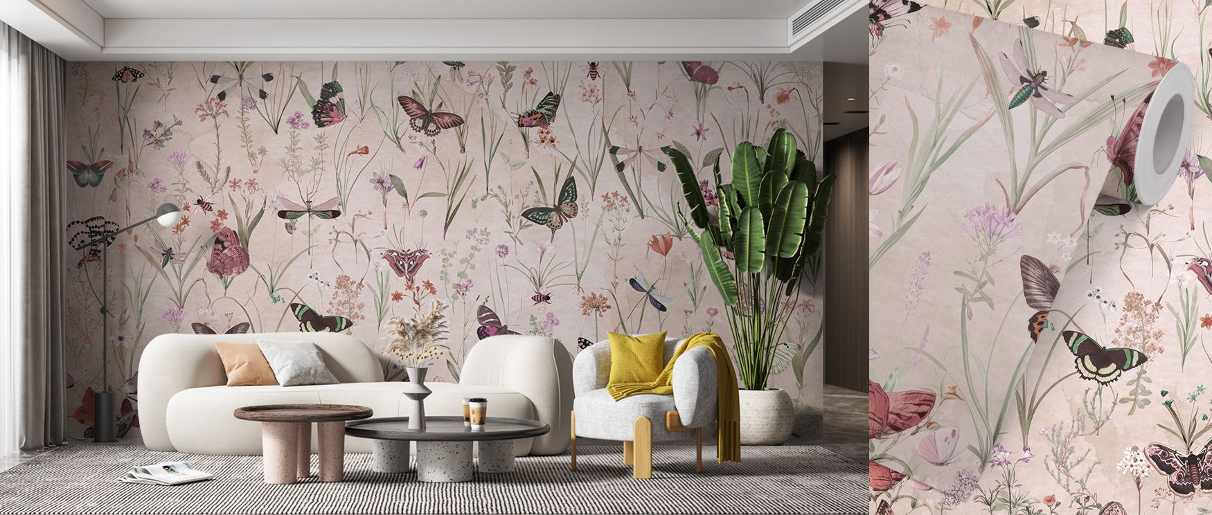 Botanical presence flows across the Herbals and Butterflies Beige Wallpaper where butterflies drift among herbal motifs, enriching offices or bedrooms with calm mood, surrounding interiors with atmosphere shaped by timeless artistry, sustaining decorative