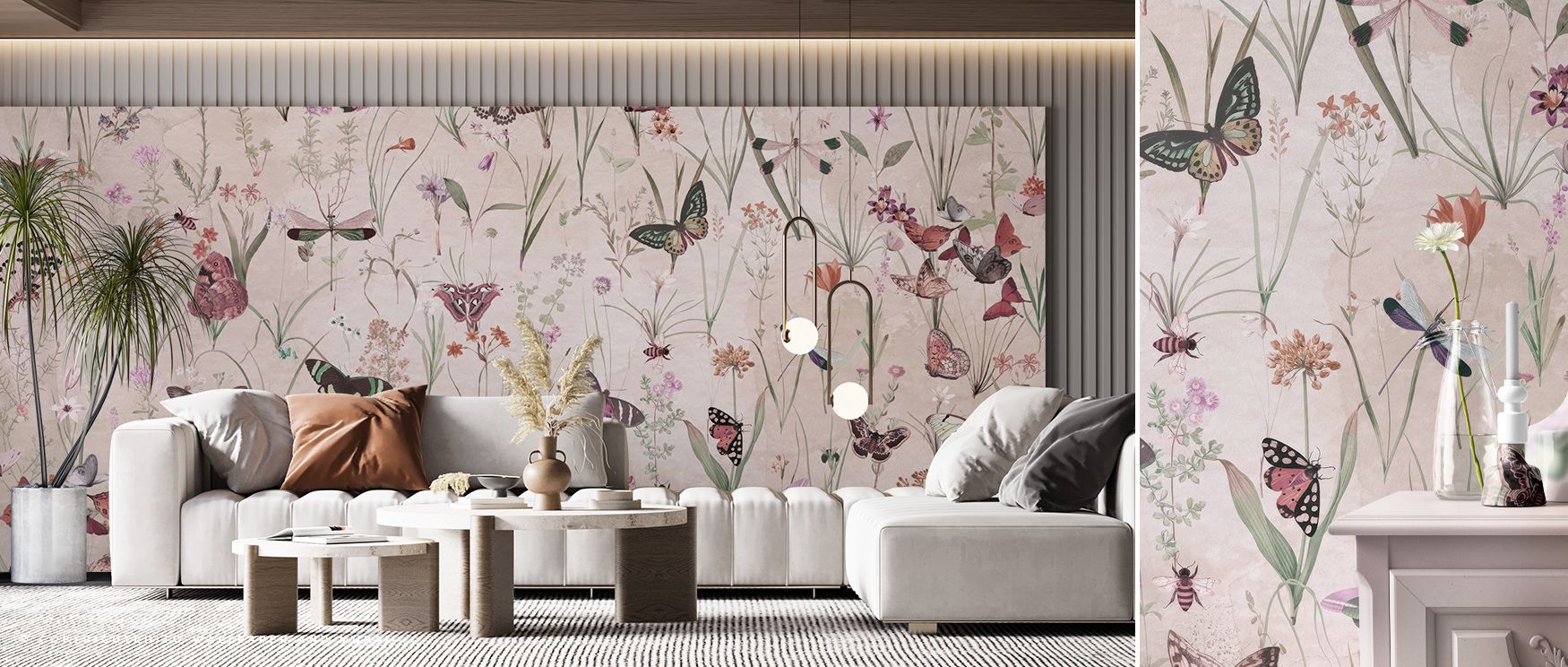 Herbal motifs weave through the Herbals and Butterflies Beige Wallpaper alongside butterflies shaded in beige tone, enriching living rooms or bedrooms with natural balance, surrounding interiors with decorative calm shaped by artistry expressed in timeles