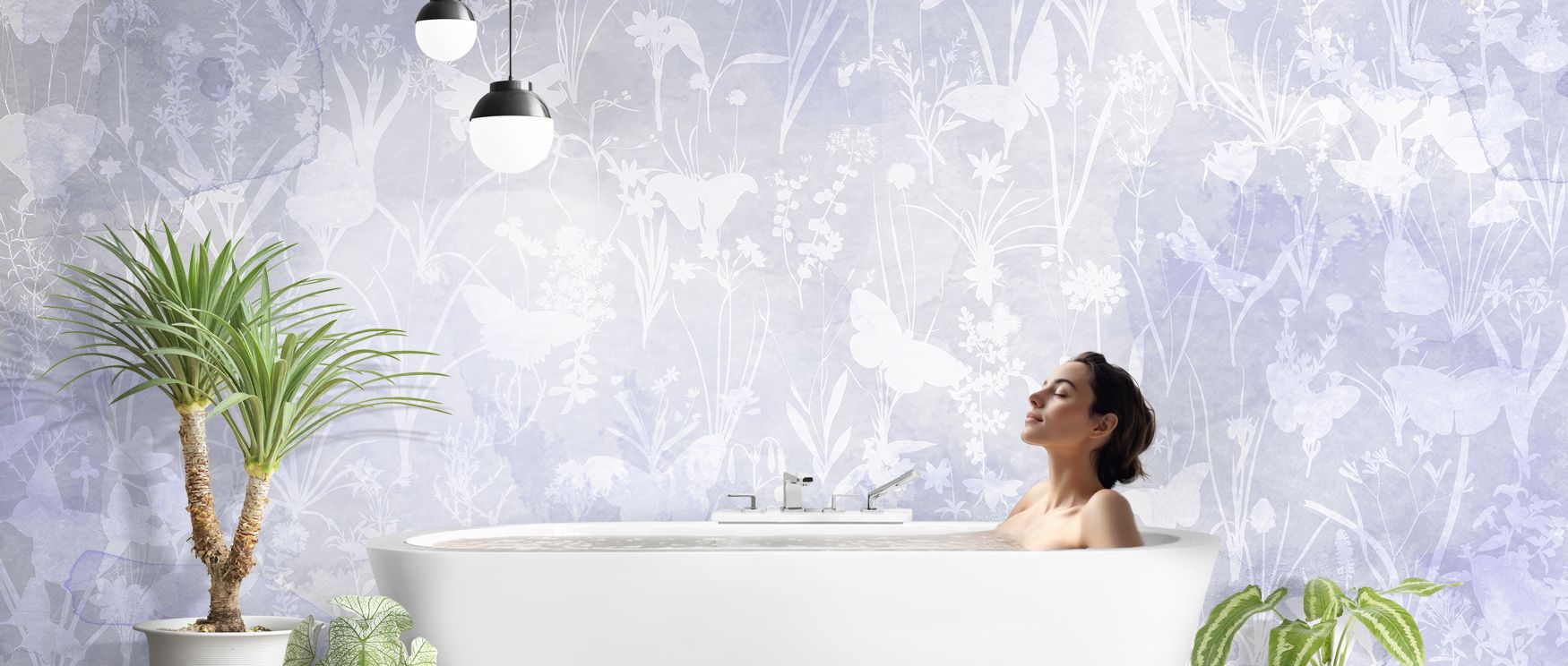 Across surfaces, the Herbals and Butterflies Double Silhouette Blue Wallpaper layers herbal patterns shaded in blue tones with butterflies, enriching bedrooms or offices with serene balance, surrounding interiors with decorative calm shaped by natural art