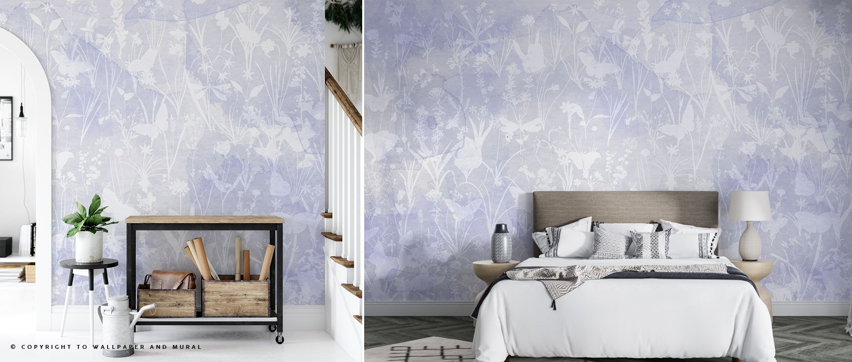 Butterfly motion flows in the Herbals and Butterflies Double Silhouette Blue Wallpaper where silhouettes of herbs carry cool tone, enriching bedrooms or living rooms with decorative calm, surrounding interiors with natural artistry shaped through timeless