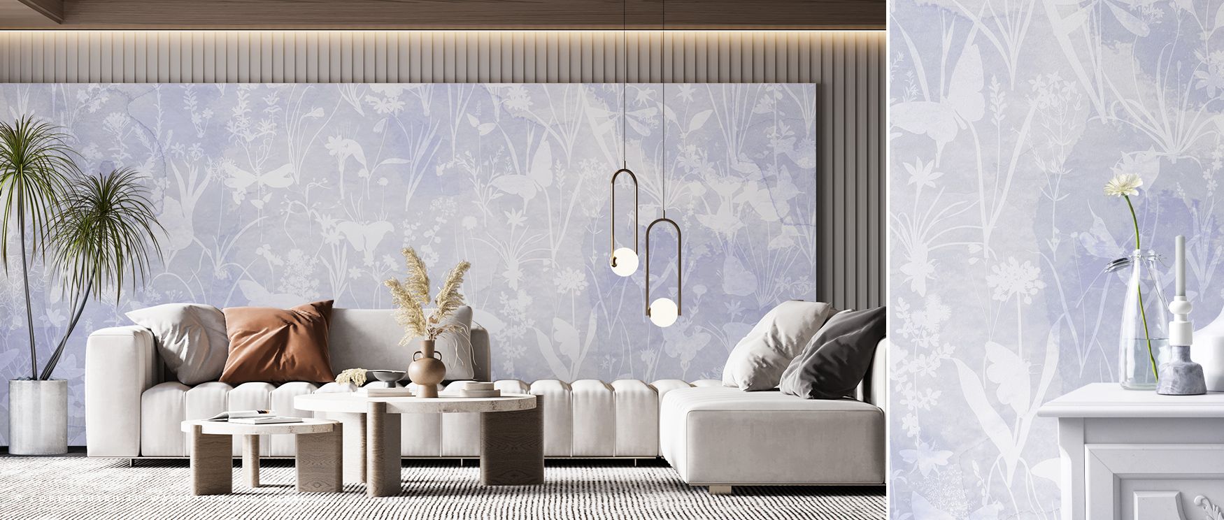 Botanical imagery flows in the Herbals and Butterflies Double Silhouette Blue Wallpaper where butterflies hover among herbs, enriching living rooms or bedrooms with calm atmosphere, surrounding interiors with decorative elegance shaped through rhythm sust