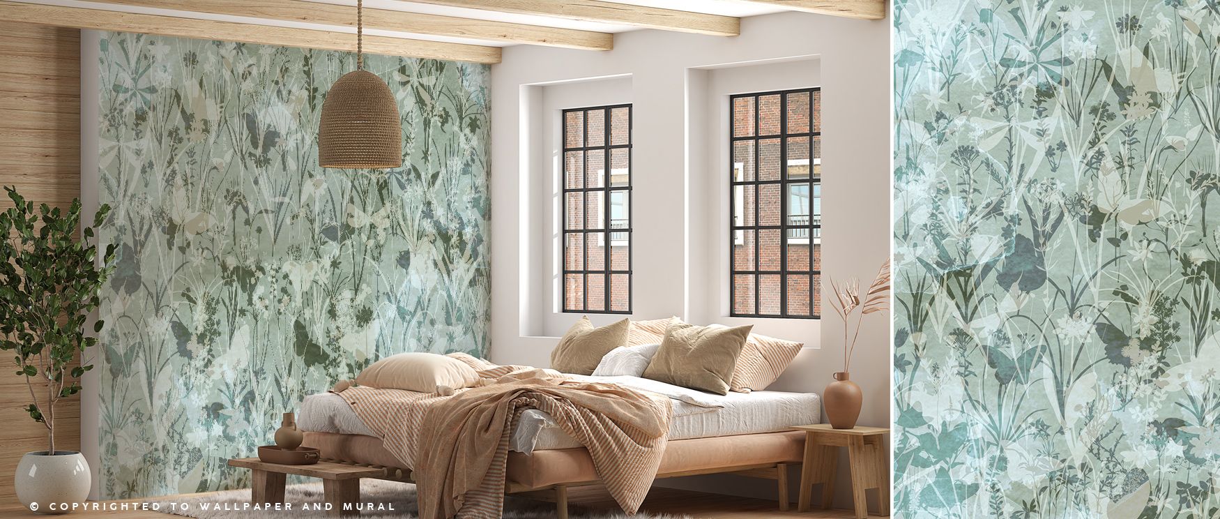 Through layered design, the Herbals and Butterflies Double Silhouette Green Black Wallpaper blends herbs and butterflies in rhythm, surrounding living rooms or bedrooms with decorative calm, enriching interiors with refined artistry sustained across tonal