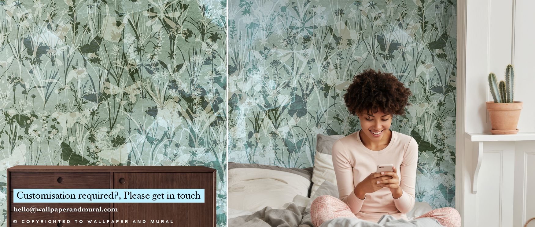Butterflies hover among herbs in the Herbals and Butterflies Double Silhouette Green Black Wallpaper where tones blend in contrast, enriching offices or bedrooms with calm atmosphere, surrounding interiors with decorative charm shaped by refined natural a