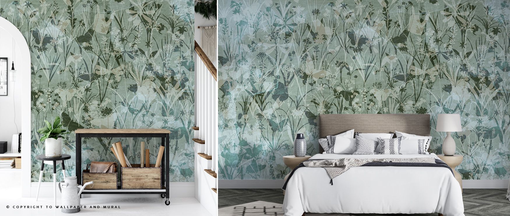 Green and black tones enrich the Herbals and Butterflies Double Silhouette Green Black Wallpaper where herbs and butterflies stretch across surfaces, surrounding bedrooms or living rooms with atmosphere shaped in decorative calm, enriching interiors with 