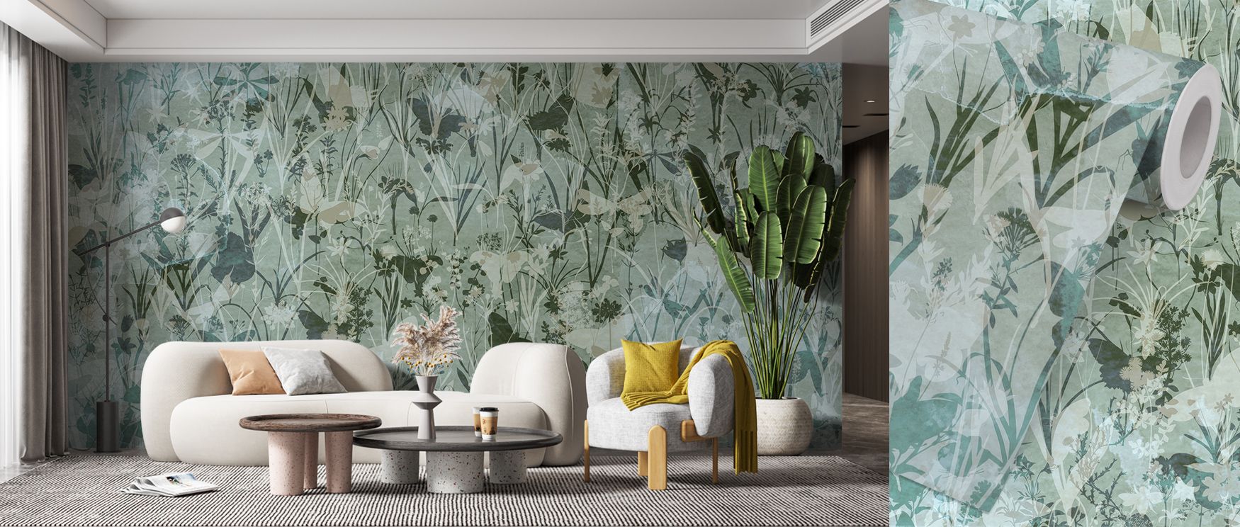 Across surfaces, the Herbals and Butterflies Double Silhouette Green Black Wallpaper layers herbal patterns with butterflies in bold contrast, enriching bedrooms or offices with calm balance, surrounding interiors with decorative artistry shaped through t