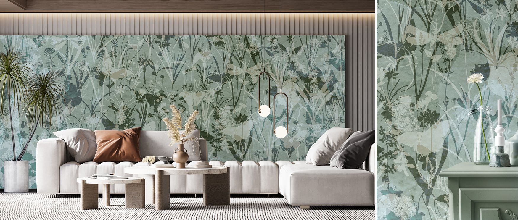 Heritage flows in the Herbals and Butterflies Double Silhouette Green Black Wallpaper where herbal shapes stretch across dark tones, enriching living rooms or bedrooms with calm mood, surrounding interiors with decorative presence shaped by artistry expre