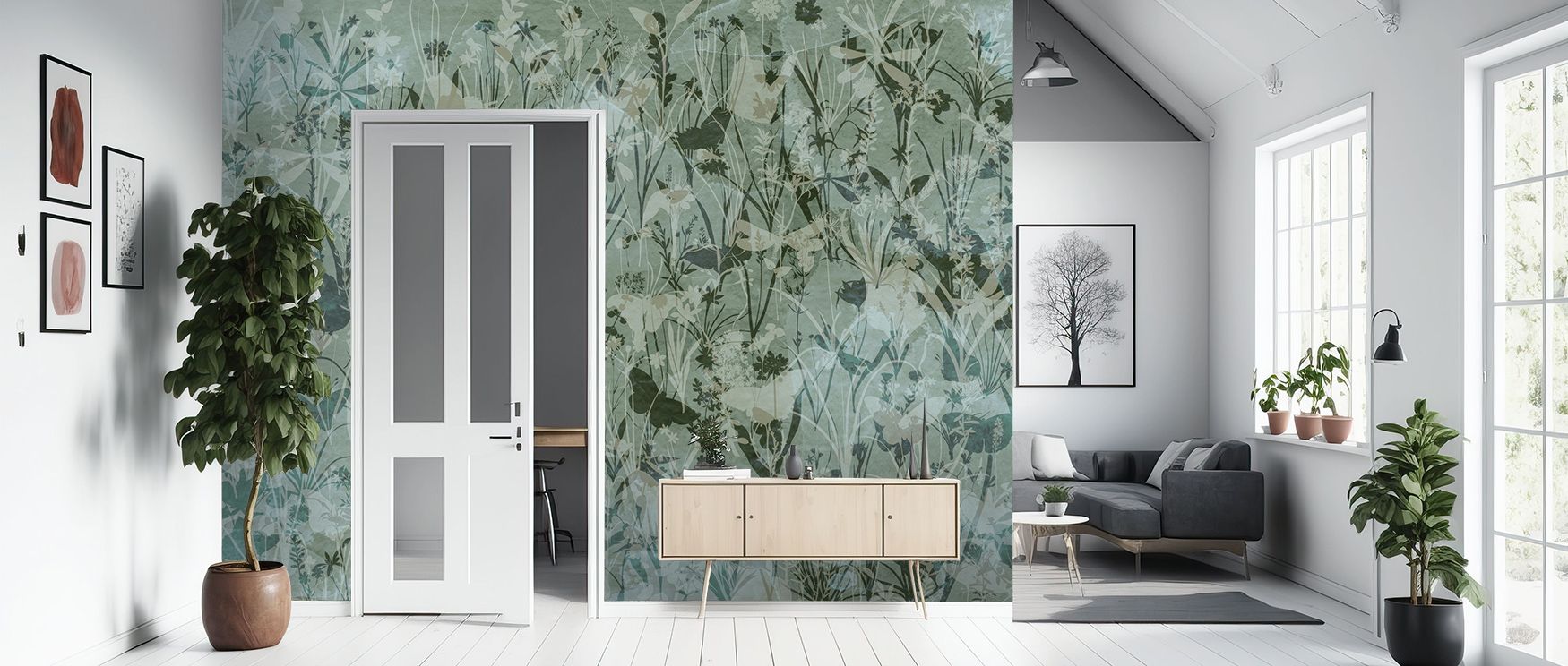 Shaded silhouettes in the Herbals and Butterflies Double Silhouette Green Black Wallpaper depict herbs aligned with butterflies, surrounding bedrooms or offices with atmosphere filled with decorative calm, enriching interiors with refined artistry shaped 
