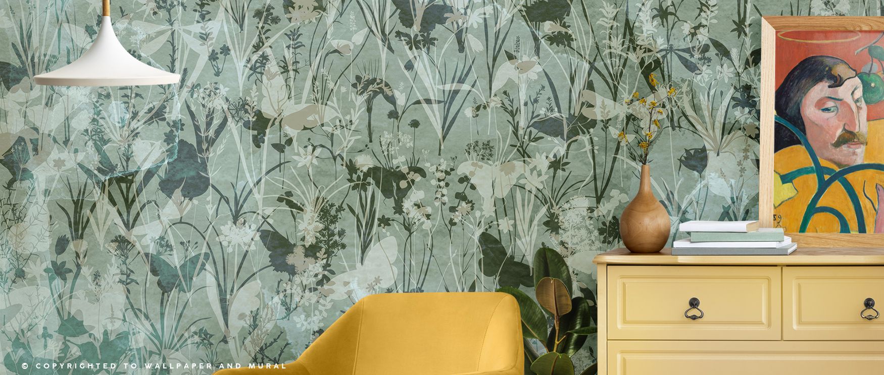 Botanical imagery defines the Herbals and Butterflies Double Silhouette Green Black Wallpaper where butterflies hover across green and black forms, enriching interiors with decorative calm, surrounding bedrooms or living rooms with refined artistry shaped