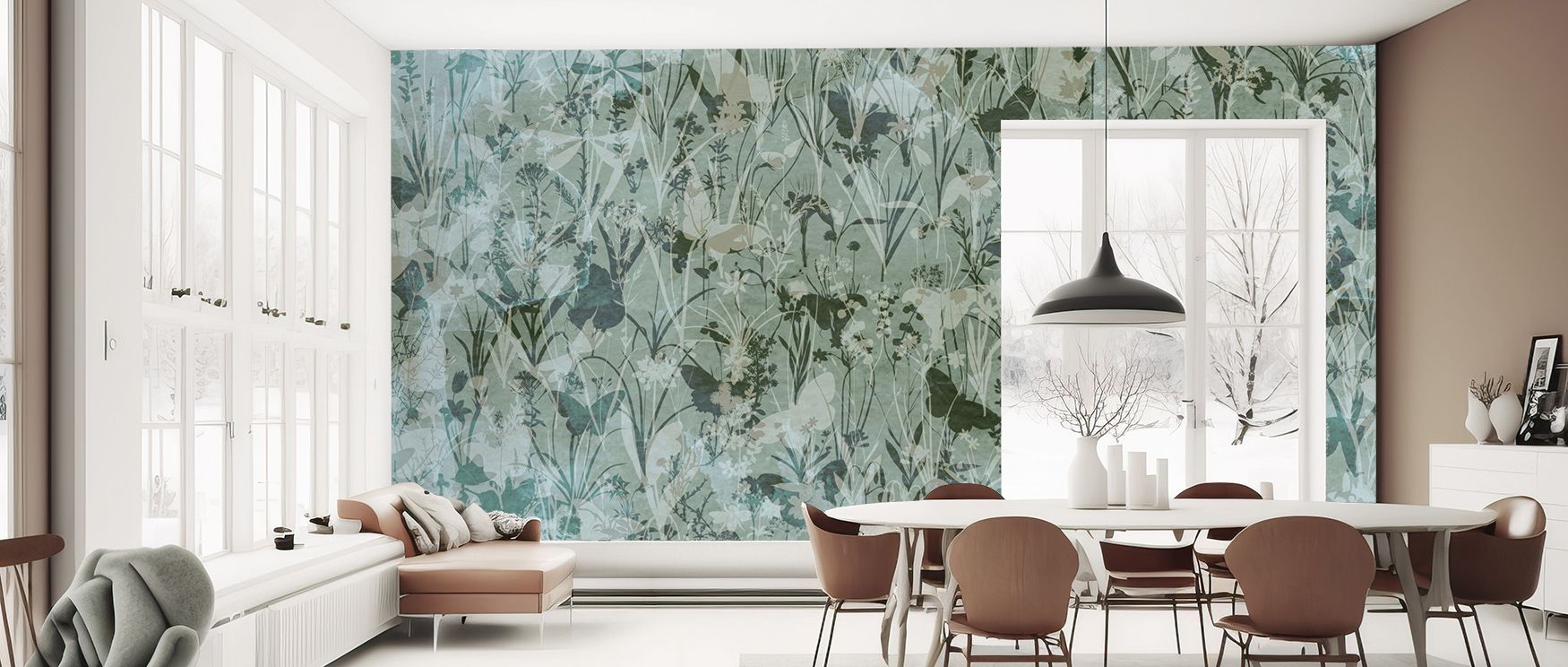 Soft contrasts move in the Herbals and Butterflies Double Silhouette Green Black Wallpaper where herbal silhouettes and butterflies align, enriching bedrooms or offices with calm decorative elegance, surrounding interiors with natural artistry shaped thro