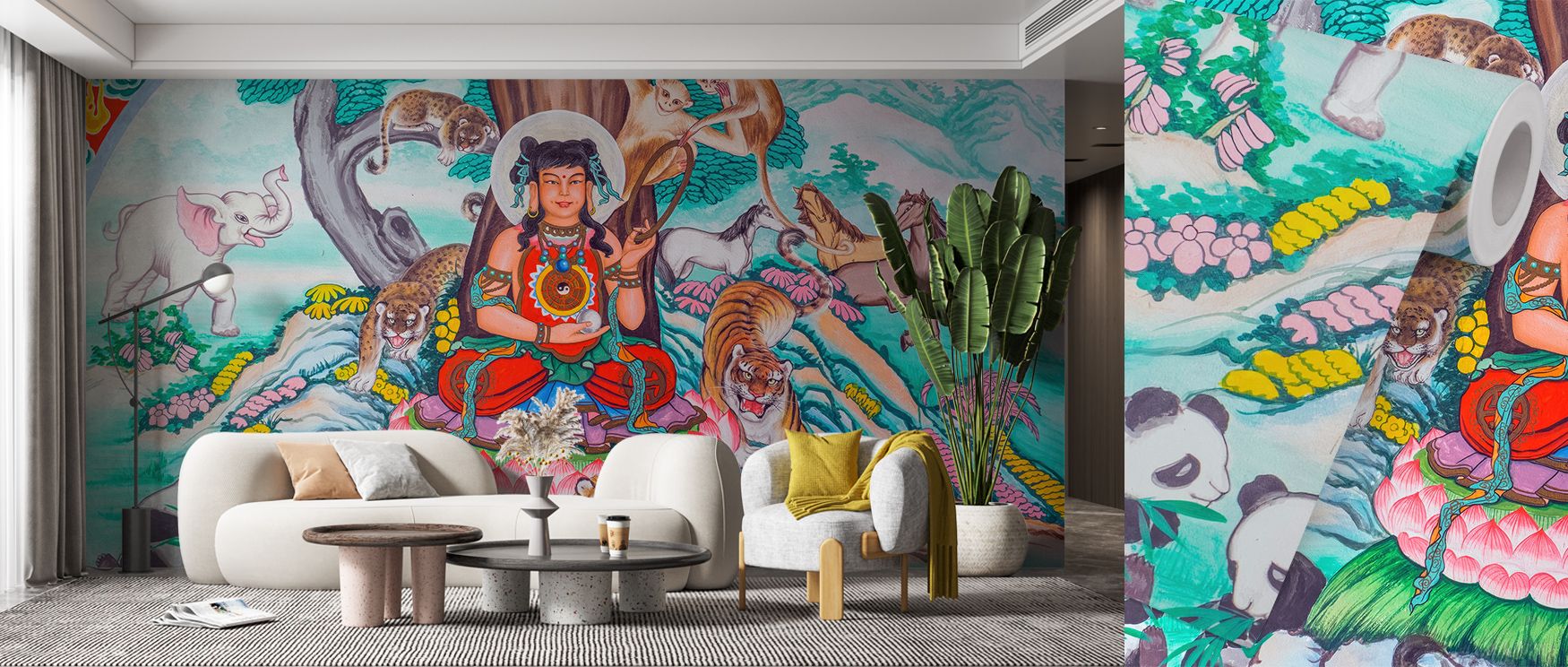 Shaded imagery defines the Hindu Garden Wallpaper where heritage motifs align with botanical presence, enriching offices or bedrooms with calm decorative balance, surrounding interiors with artistry shaped through cultural resonance expressed in refined r