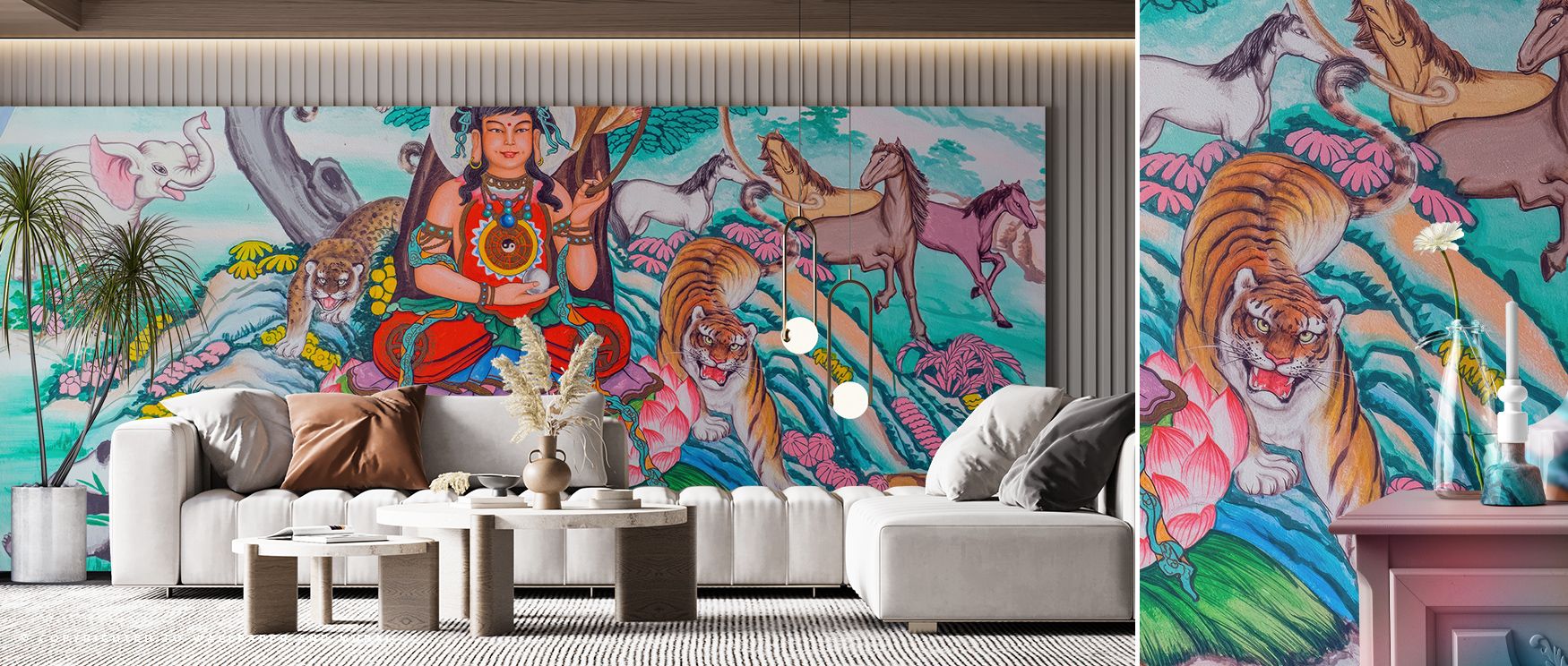 Nature and heritage meet in the Hindu Garden Wallpaper where motifs stretch across surfaces, enriching bedrooms or living rooms with calm decorative presence, surrounding interiors with artistry shaped in refined balance sustained naturally. 