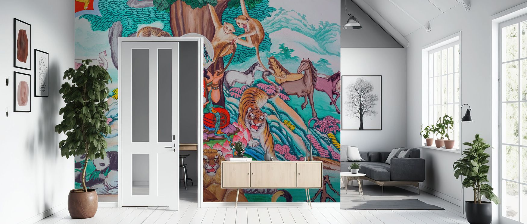 Rhythmic tones move through the Hindu Garden Wallpaper where cultural imagery blends with botanical charm, enriching bedrooms or offices with calm decorative elegance, surrounding interiors with artistry shaped in heritage resonance expressed gracefully. 