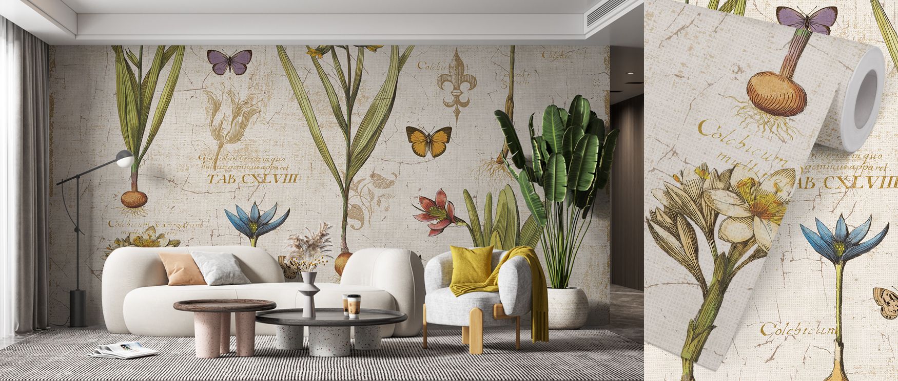 Shaded motifs define the Histoire Naturelle V v2 Wallpaper where natural imagery moves in rhythm, enriching bedrooms or living rooms with calm atmosphere, surrounding interiors with decorative presence shaped by artistry sustained in tonal refinement soft