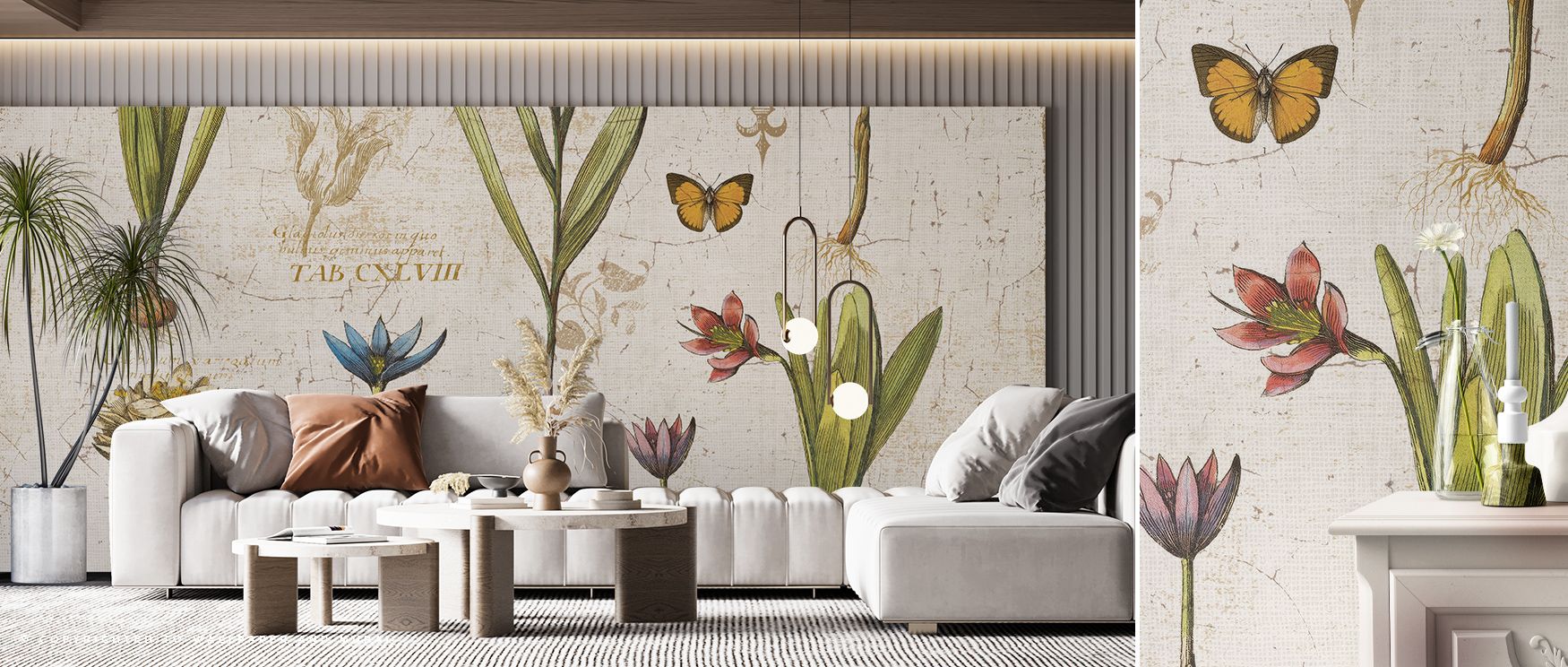 Soft tones emerge in the Histoire Naturelle V v2 Wallpaper where botanical imagery flows across surfaces, enriching offices or bedrooms with calm decorative charm, surrounding interiors with artistry shaped by timeless rhythm expressed in refined presence