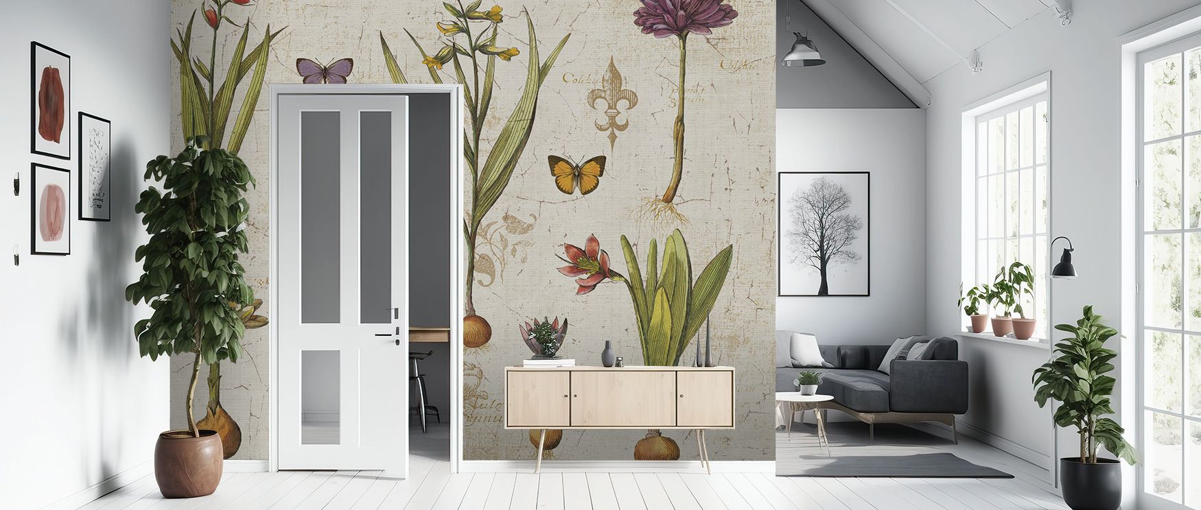 With tonal shading, the Histoire Naturelle V v2 Wallpaper highlights motifs aligned in organic rhythm, enriching living rooms or bedrooms with calm decorative elegance, surrounding interiors with atmosphere shaped by botanical artistry sustained naturally