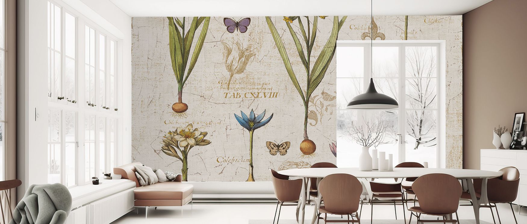 Botanical charm resonates in the Histoire Naturelle V v2 Wallpaper where motifs layer across tonal depth, enriching bedrooms or living rooms with calm decorative balance, surrounding interiors with artistry shaped by timeless refinement expressed graceful