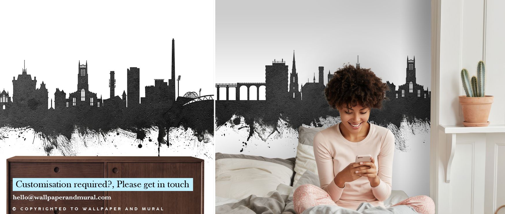 Shaded rooftops rise in the Huddersfield England Skyline Black & White Wallpaper where cultural detail aligns in rhythm, surrounding bedrooms or living rooms with calm decorative presence, enriching interiors with artistry shaped in refined tonal balance 
