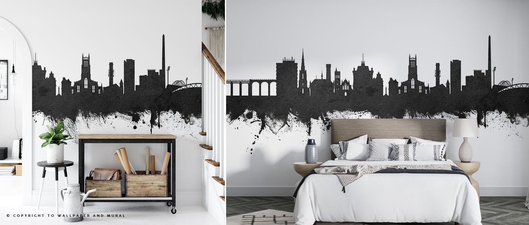 Heritage imagery emerges in the Huddersfield England Skyline Black & White Wallpaper where rooftops stretch in monochrome harmony, enriching offices or bedrooms with calm atmosphere, surrounding interiors with decorative charm shaped by cultural artistry 