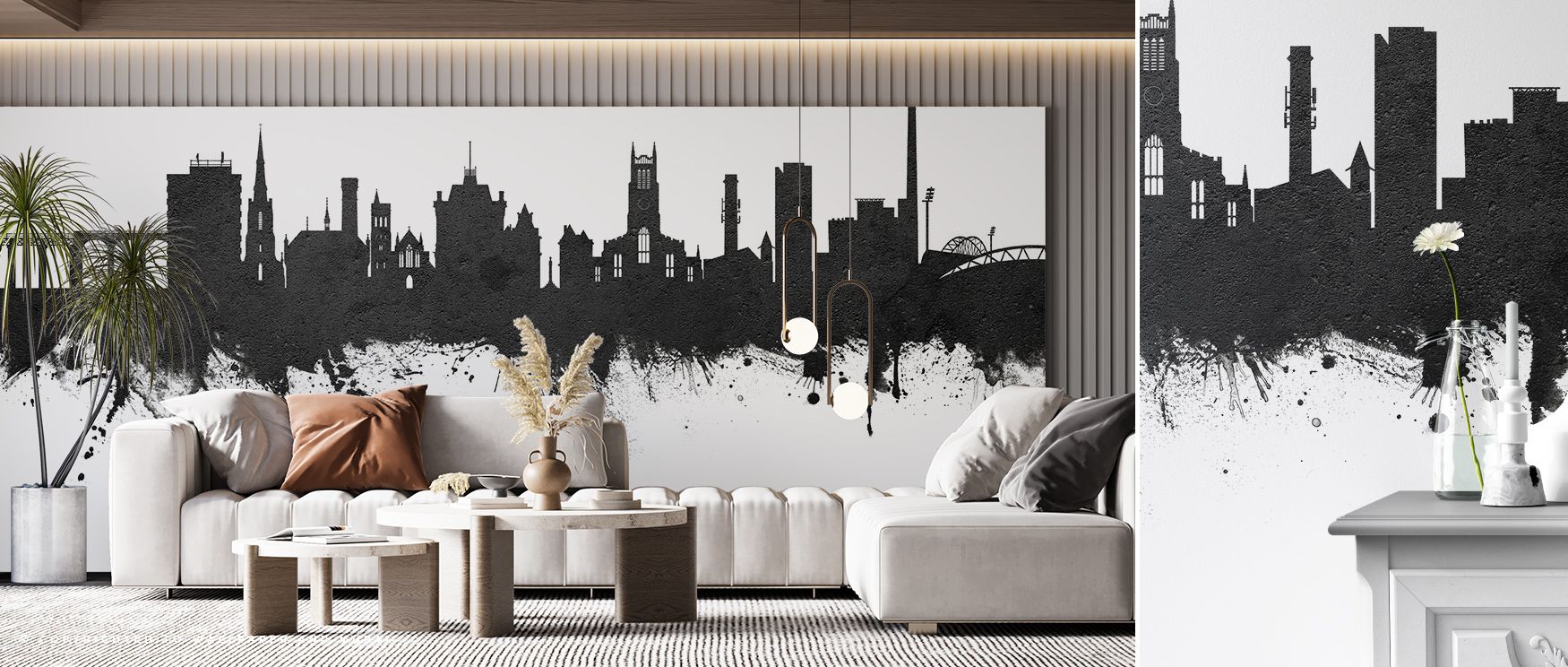 Across tonal depth, the Huddersfield England Skyline Black & White Wallpaper depicts rooftops aligned in rhythm, surrounding offices or bedrooms with calm decorative balance, enriching interiors with artistry shaped in monochrome presence expressed natura