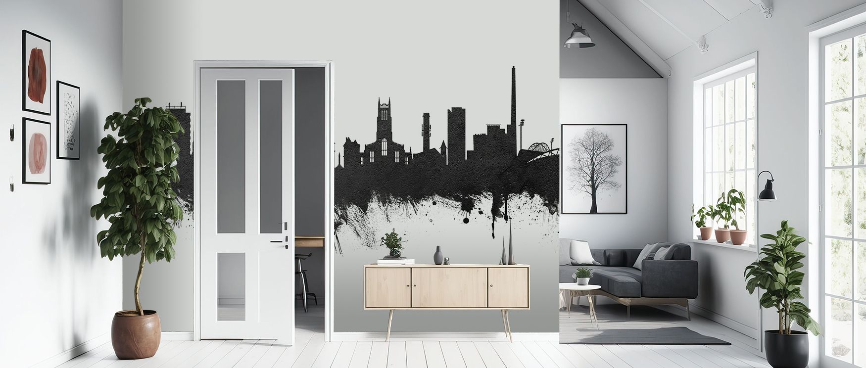 Heritage strength flows in the Huddersfield England Skyline Black & White Wallpaper where rooftops rise in refined rhythm, enriching bedrooms or living rooms with calm atmosphere, surrounding interiors with decorative refinement shaped by cultural artistr