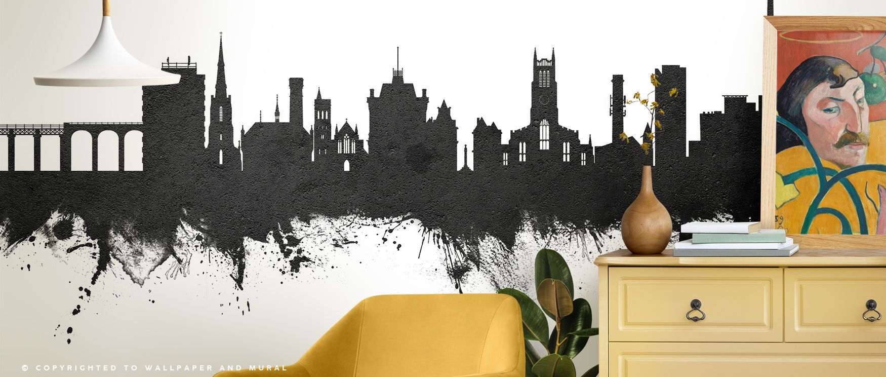 Shadows carry rhythm in the Huddersfield England Skyline Black & White Wallpaper where rooftops stretch across tonal balance, enriching offices or bedrooms with calm decorative presence, surrounding interiors with artistry shaped in heritage pride sustain