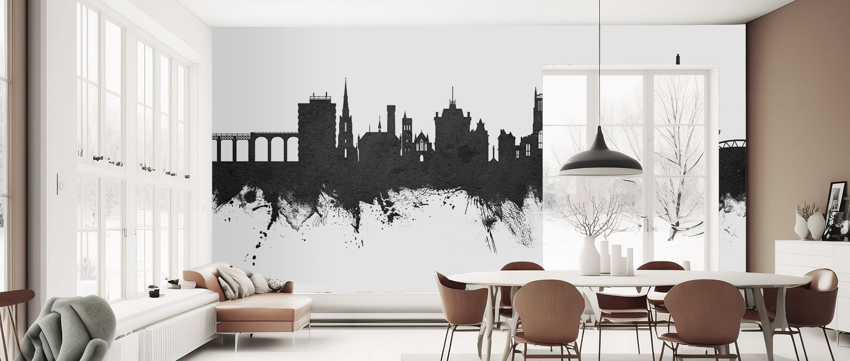 Monochrome tone defines the Huddersfield England Skyline Black & White Wallpaper where rooftops align across tonal depth, enriching bedrooms or living rooms with calm decorative charm, surrounding interiors with artistry shaped in cultural resonance expre