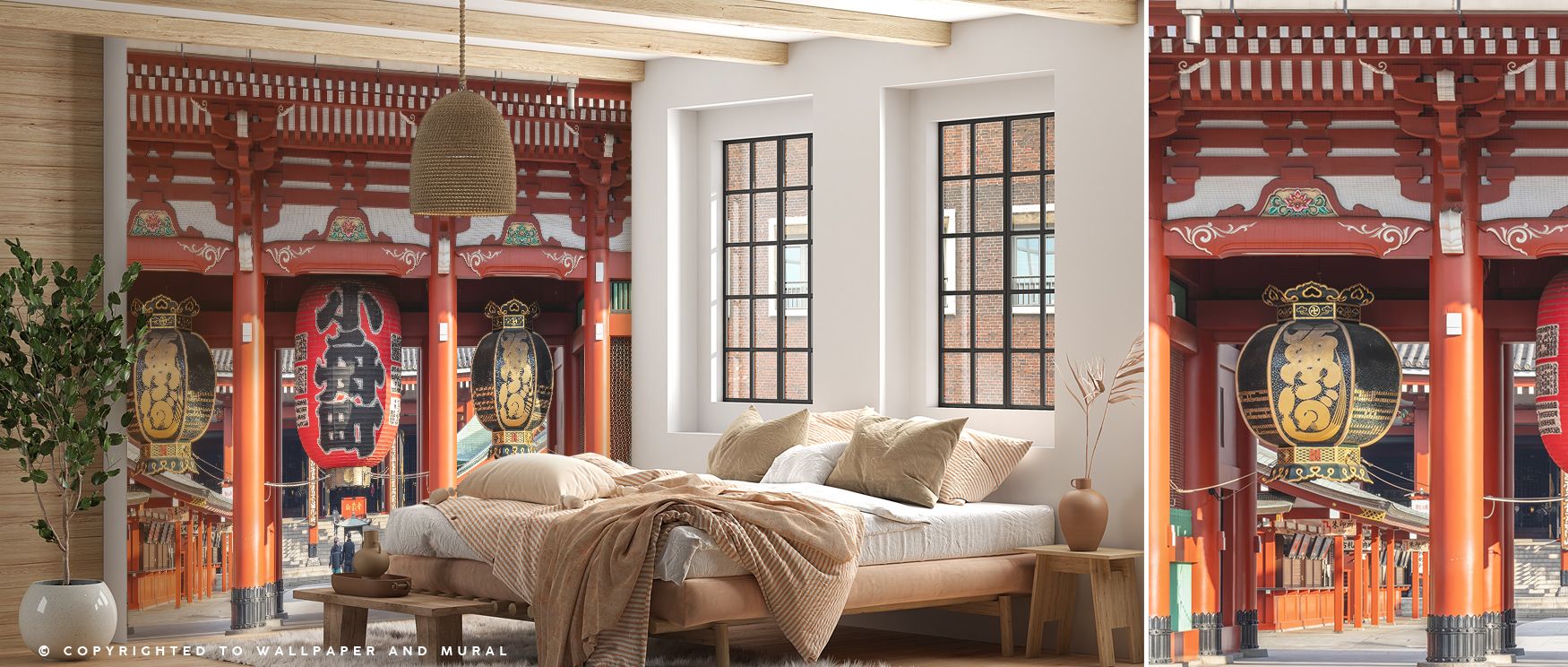 Shaded details define the Hōzōmon Gate Wallpaper where architectural motifs align in refined tone, surrounding bedrooms or living rooms with calm decorative elegance, enriching interiors with artistry shaped by cultural pride expressed gracefully. 