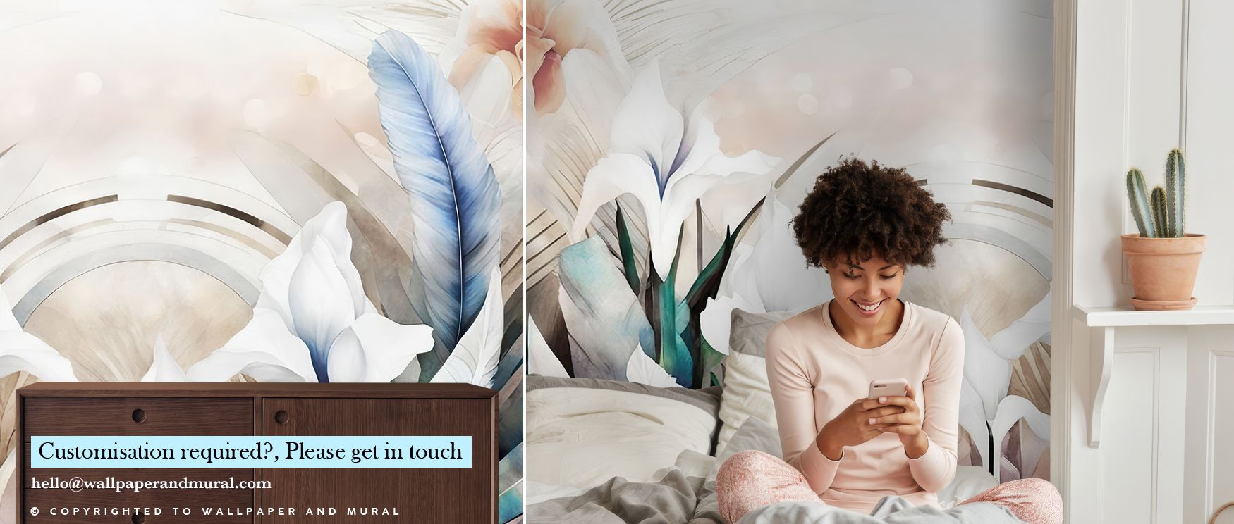 Floral imagery flows in the Irises and Feathers Bright Wallpaper where iris blossoms align with feather patterns, surrounding bedrooms or offices with calm atmosphere, enriching interiors with decorative charm shaped in natural artistry sustained graceful