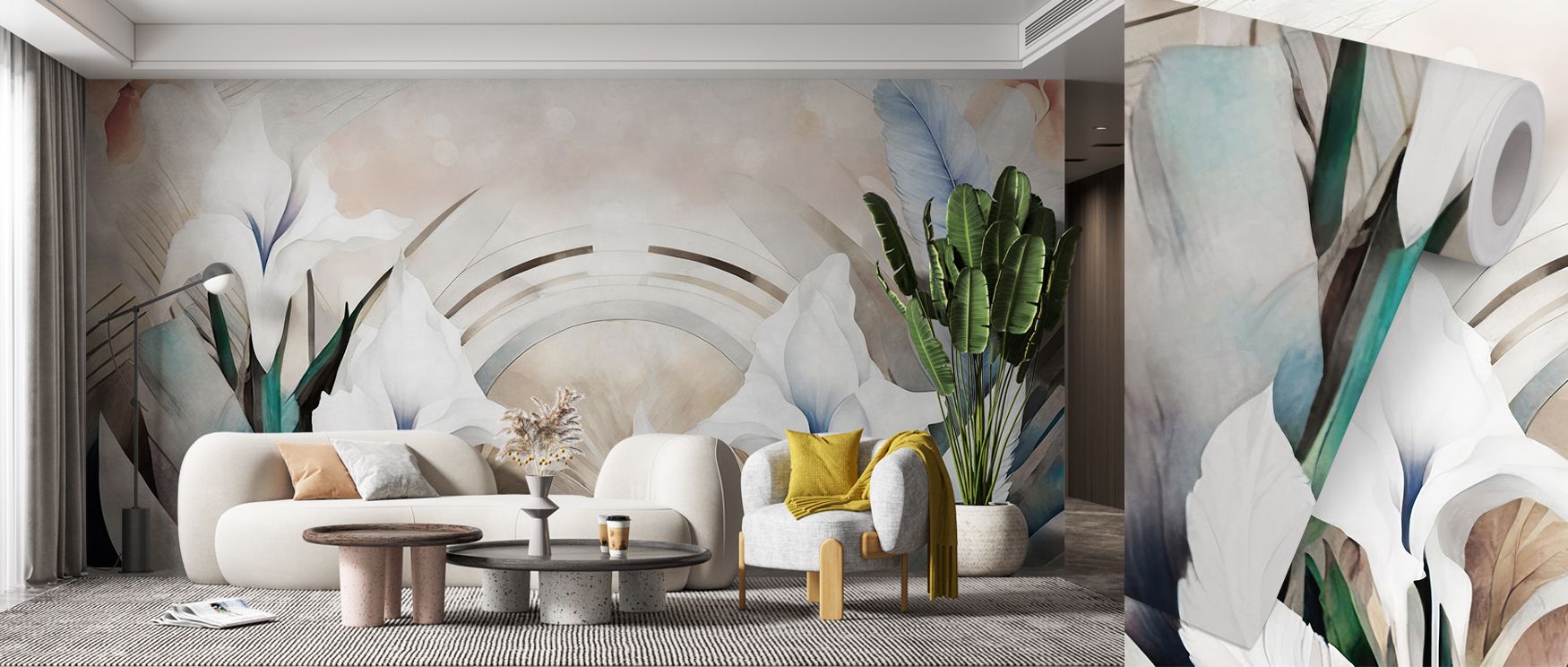 Shaded blossoms align in the Irises and Feathers Bright Wallpaper where feathers flow in tonal balance, enriching offices or bedrooms with calm decorative charm, surrounding interiors with artistry shaped by natural refinement sustained gracefully. 