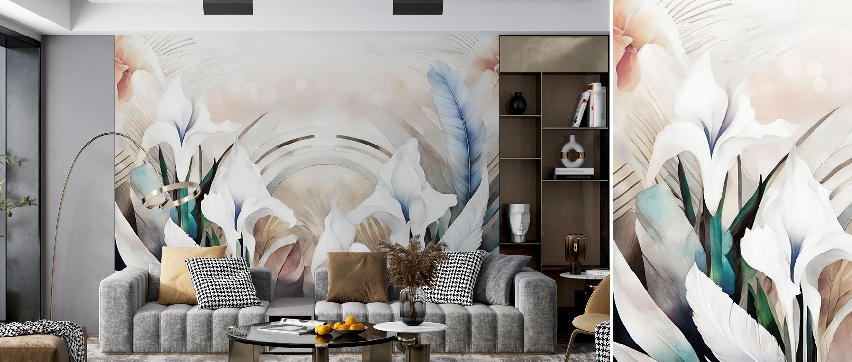 Floral imagery glows in the Irises and Feathers Bright Wallpaper where blossoms intertwine with feathers, enriching bedrooms or living rooms with calm decorative balance, surrounding interiors with artistry shaped in natural refinement sustained gracefull