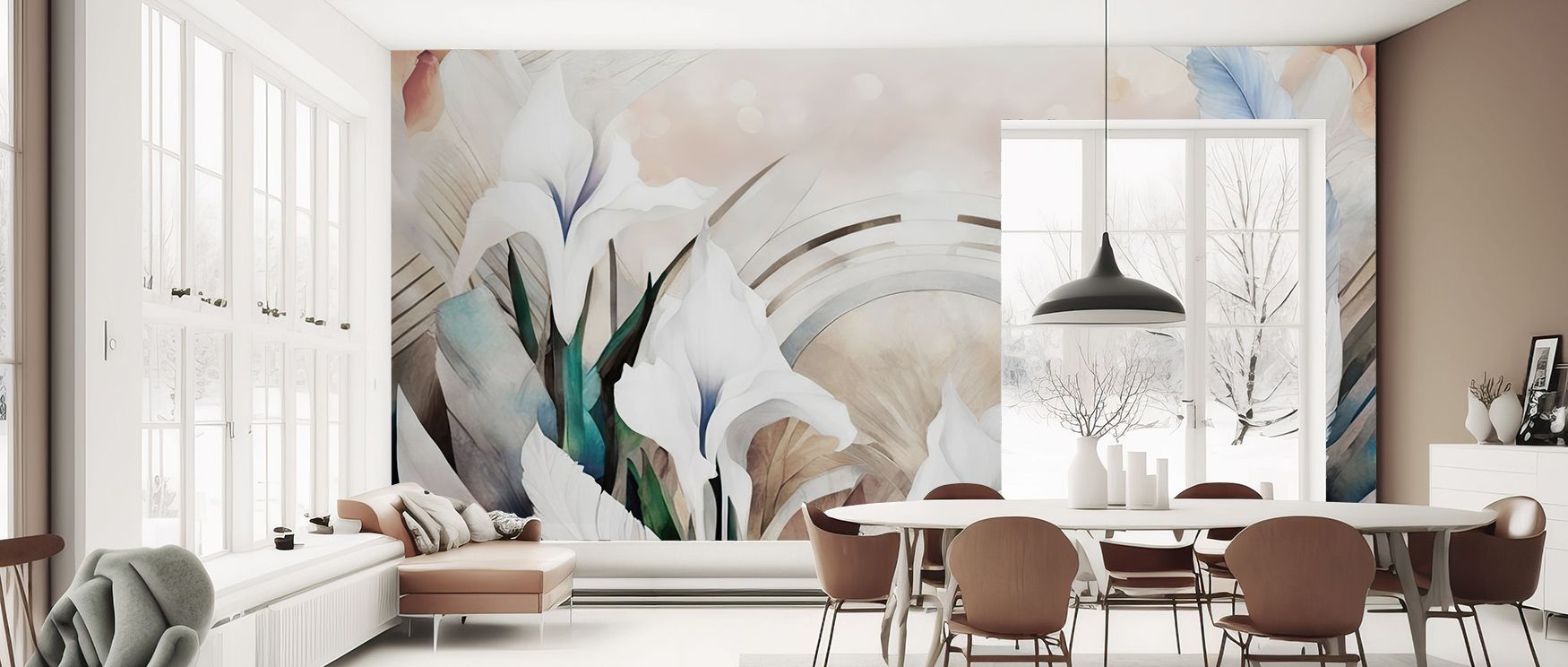Bright details emerge in the Irises and Feathers Bright Wallpaper where blossoms and feathers align in harmony, surrounding offices or bedrooms with calm decorative presence, enriching interiors with artistry shaped by natural rhythm expressed softly. 
