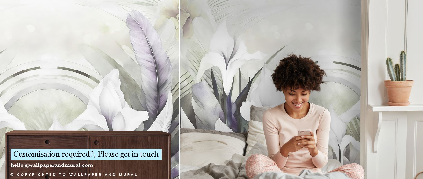 Floral presence flows in the Irises and Feathers Purple Yellow Wallpaper where blossoms in purple and yellow tones align with feather motifs, enriching offices or bedrooms with calm atmosphere, surrounding interiors with decorative refinement sustained na