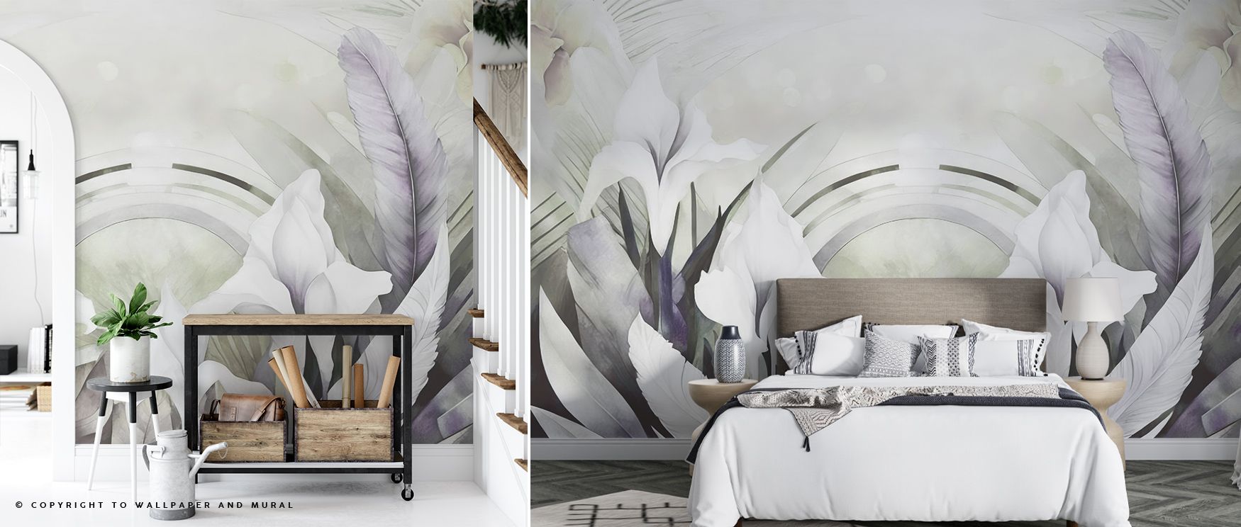 With shaded tone, the Irises and Feathers Purple Yellow Wallpaper presents blossoms intertwined with feathers, enriching bedrooms or living rooms with calm decorative charm, surrounding interiors with artistry shaped by floral balance expressed softly. 