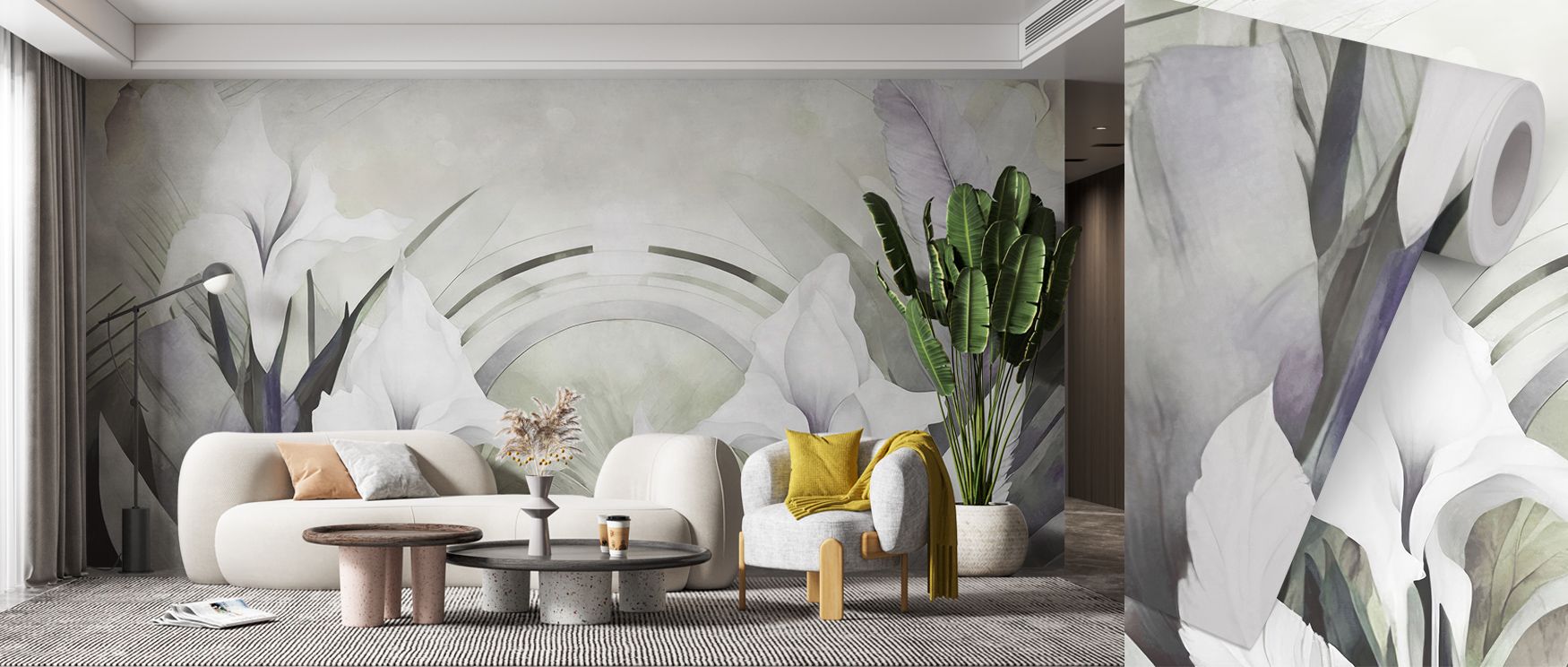 Petals emerge within the Irises and Feathers Purple Yellow Wallpaper where blossoms align with feathers, enriching offices or bedrooms with calm presence, surrounding interiors with decorative artistry shaped by floral rhythm sustained gracefully. 