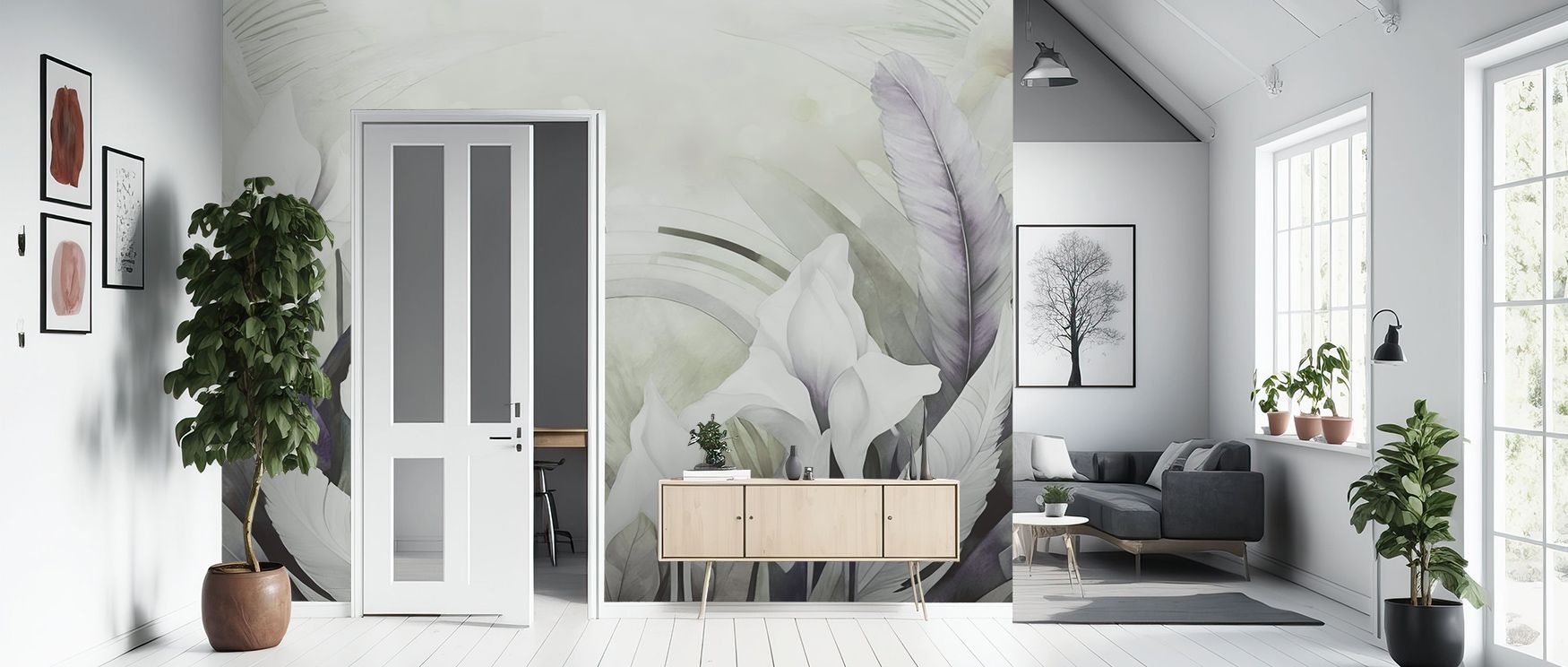 Feathers drift in rhythm across the Irises and Feathers Purple Yellow Wallpaper where blossoms align, enriching offices or bedrooms with decorative presence, surrounding interiors with artistry shaped by floral refinement expressed naturally. 