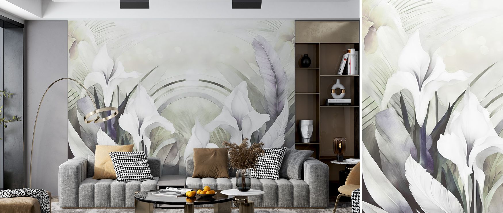 Floral charm flows in the Irises and Feathers Purple Yellow Wallpaper where blossoms intertwine with feathers, enriching bedrooms or living rooms with calm decorative tone, surrounding interiors with artistry shaped in timeless refinement expressed softly