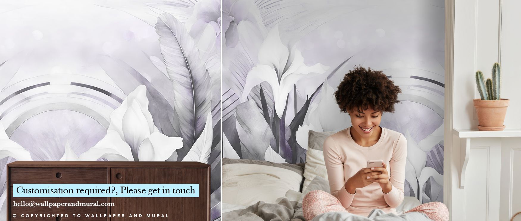 Petal imagery shines in the Irises and Feathers Purple Wallpaper where blossoms align with feather motifs, enriching offices or bedrooms with calm decorative charm, surrounding interiors with artistry shaped in violet refinement expressed naturally. 