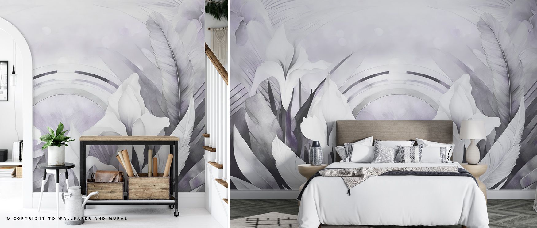 Shaded blossoms define the Irises and Feathers Purple Wallpaper where feathers move in rhythm, enriching bedrooms or living rooms with calm decorative presence, surrounding interiors with artistry shaped in floral resonance sustained softly. 