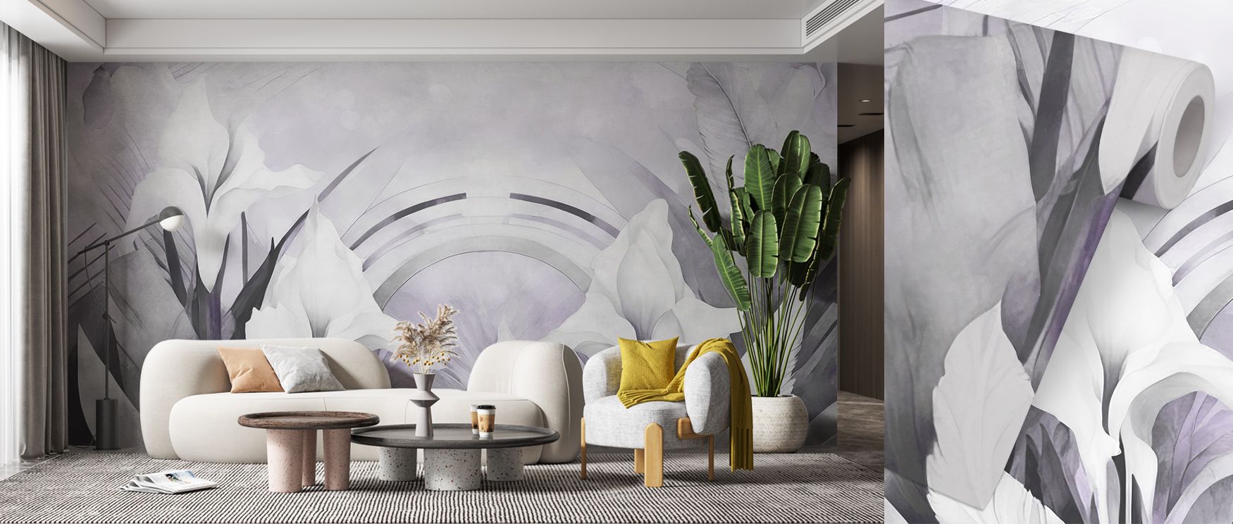 With floral rhythm, the Irises and Feathers Purple Wallpaper layers blossoms and feathers across surfaces, enriching offices or bedrooms with calm atmosphere, surrounding interiors with decorative artistry shaped in violet refinement expressed gracefully.