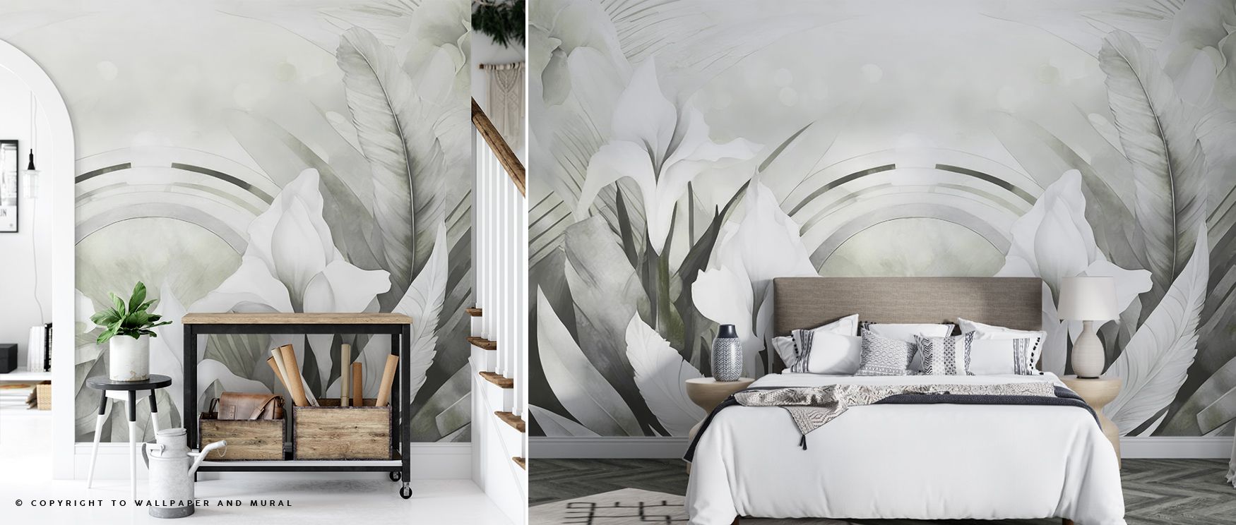 Floral charm glows in the Irises and Feathers Yellow Wallpaper where blossoms intertwine with feathers, enriching bedrooms or living rooms with calm decorative presence, surrounding interiors with artistry shaped in golden rhythm expressed naturally. 