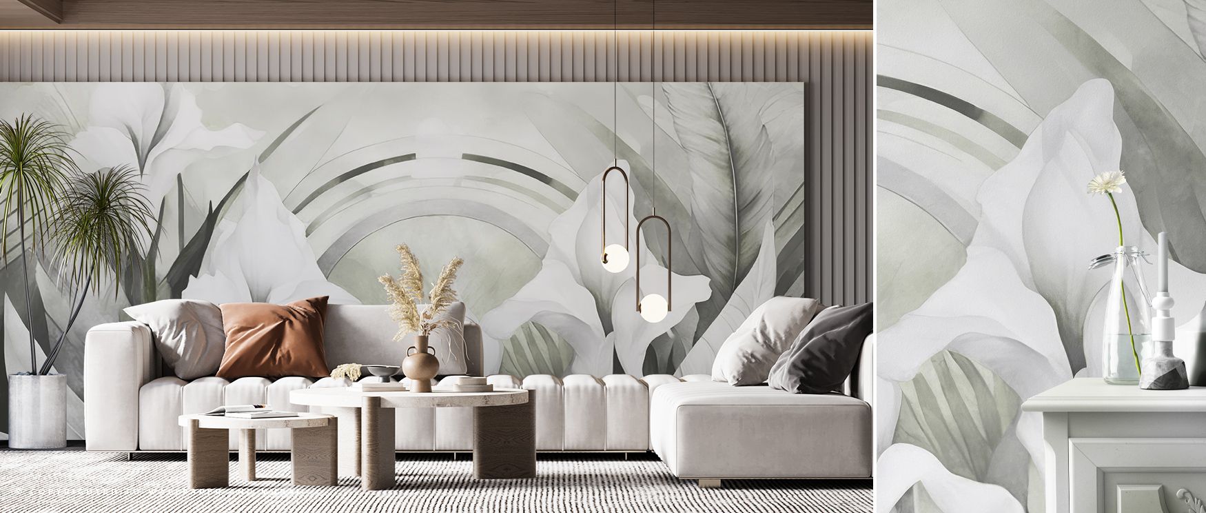 Yellow shading enriches the Irises and Feathers Yellow Wallpaper where blossoms stretch across tonal balance, surrounding bedrooms or living rooms with calm decorative charm, enriching interiors with artistry shaped in floral resonance expressed softly. 