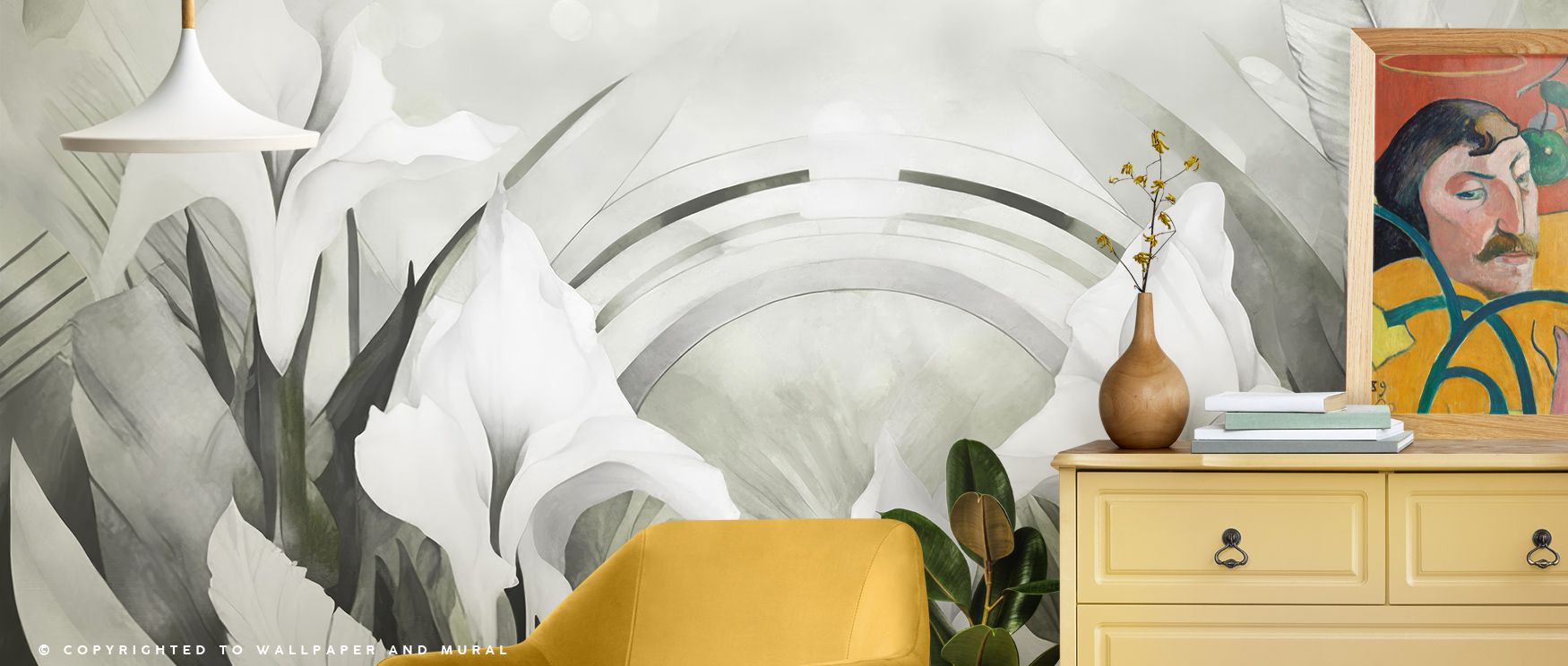 Natural imagery flows in the Irises and Feathers Yellow Wallpaper where blossoms glow in golden tone, enriching bedrooms or living rooms with calm atmosphere, surrounding interiors with decorative balance shaped in floral resonance expressed softly. 