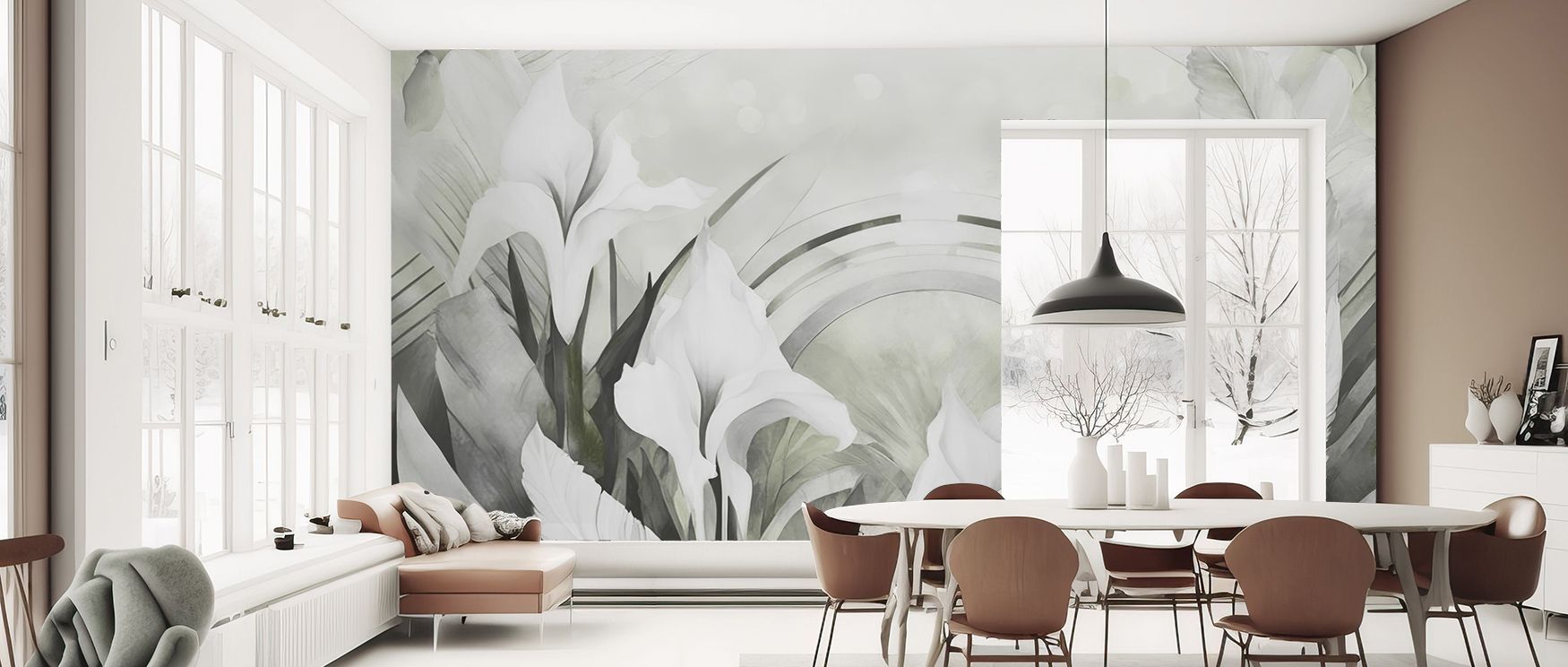 Blossoms emerge in the Irises and Feathers Yellow Wallpaper where feathers align in rhythm, enriching bedrooms or offices with calm decorative elegance, surrounding interiors with artistry shaped in golden refinement sustained naturally. 