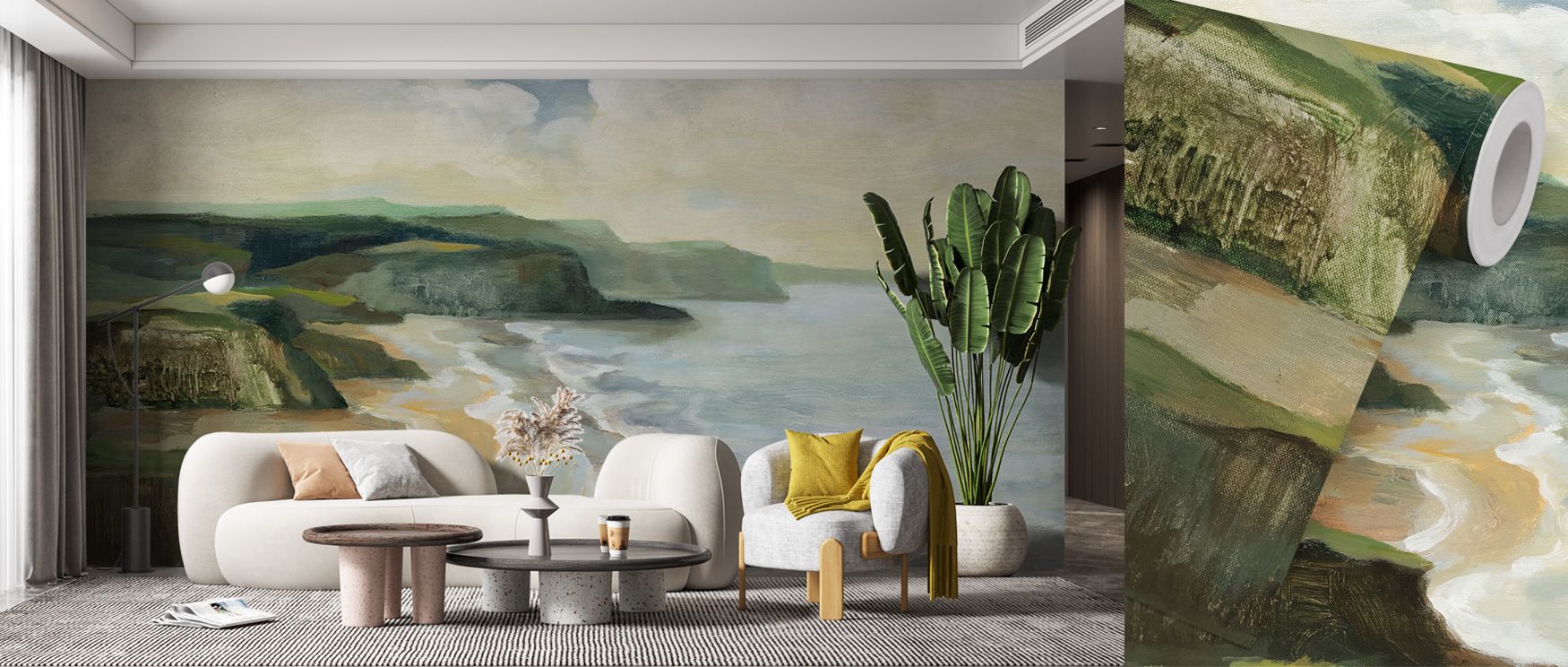 Natural rhythm emerges in the Irish Coast Wallpaper where seascape forms align in tone, enriching bedrooms or living rooms with calm decorative balance, surrounding interiors with artistry shaped by coastal resonance expressed softly. 