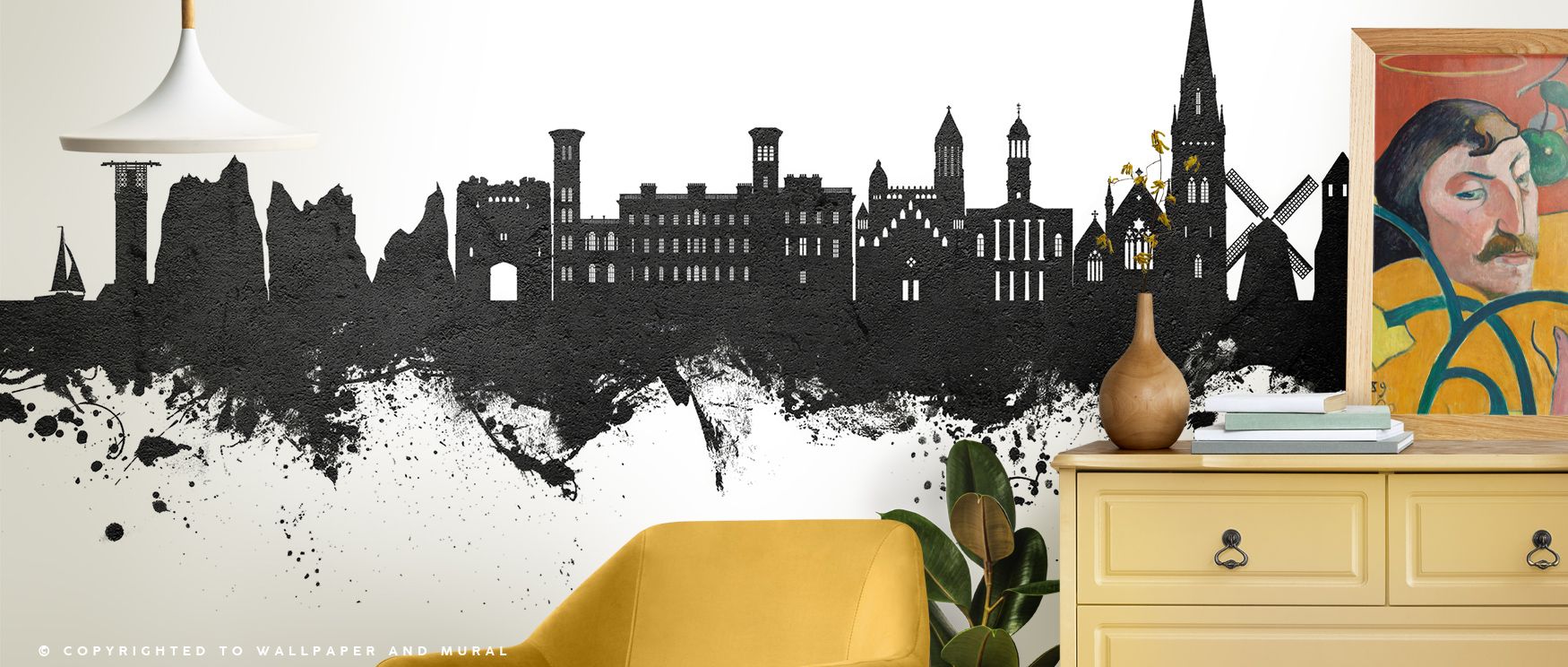 Monochrome depth shapes the Isle of Wight England Skyline Black & White Wallpaper where rooftops stretch in tonal rhythm, enriching offices or bedrooms with calm atmosphere, surrounding interiors with decorative refinement shaped by cultural artistry expr