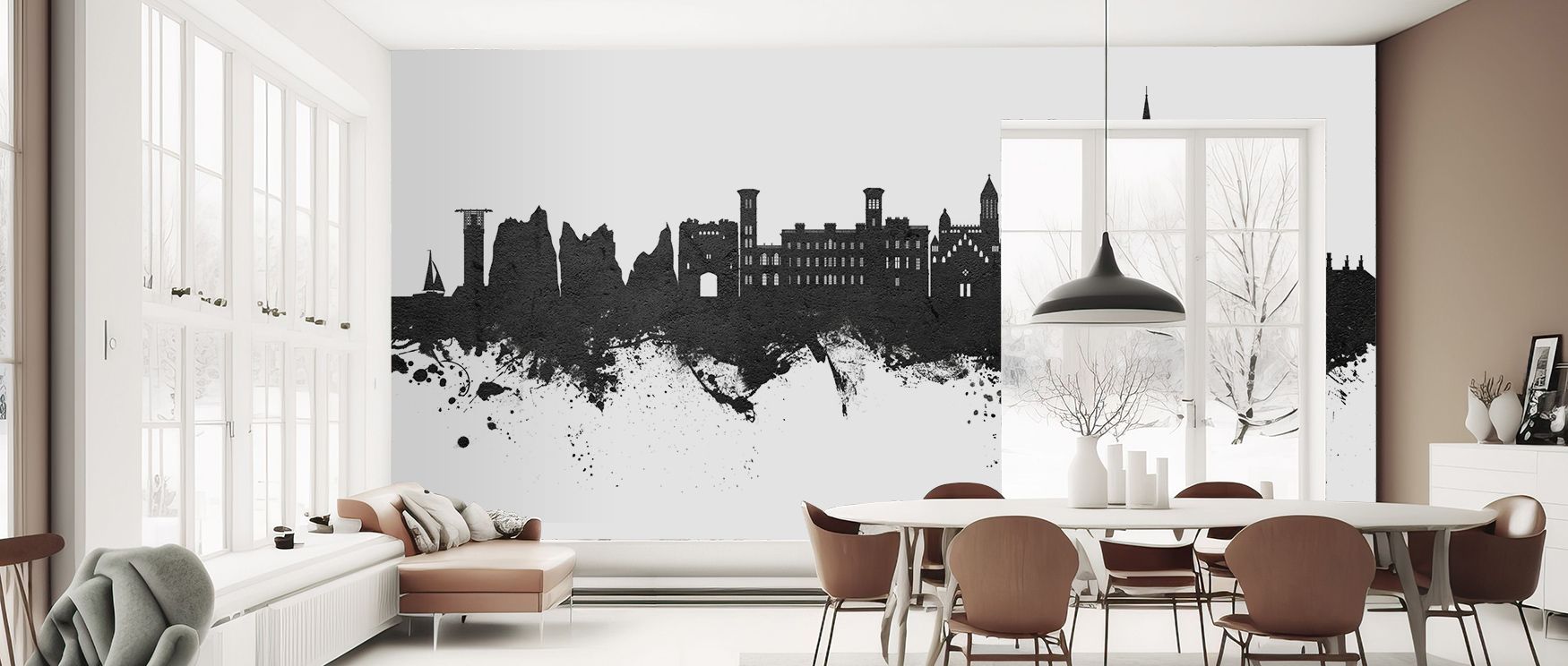 Heritage strength defines the Isle of Wight England Skyline Black & White Wallpaper where rooftops align in shaded balance, enriching bedrooms or living rooms with calm atmosphere, surrounding interiors with artistry shaped in monochrome resonance express